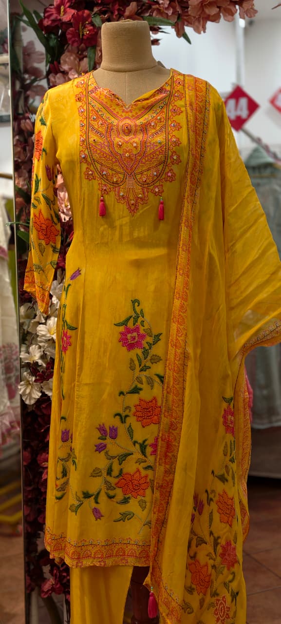 Mango Yellow Digital Floral Print Tassel Accent Crepe Full Suit Set With Dupatta- 13148