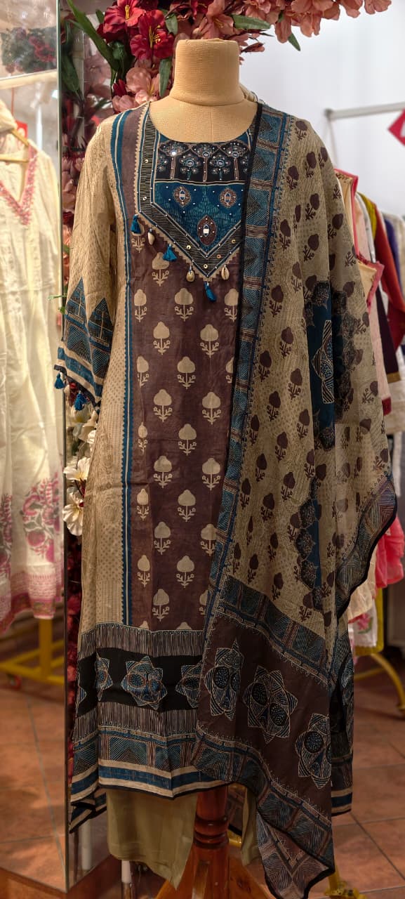 Vintage Boho Indigo & Coffee Brown Printed A-Line Russian Silk Full Suit Set With Dupatta