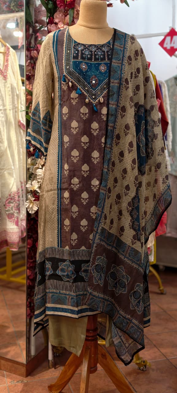 Vintage Boho Indigo & Coffee Brown Printed A-Line Russian Silk Full Suit Set With Dupatta