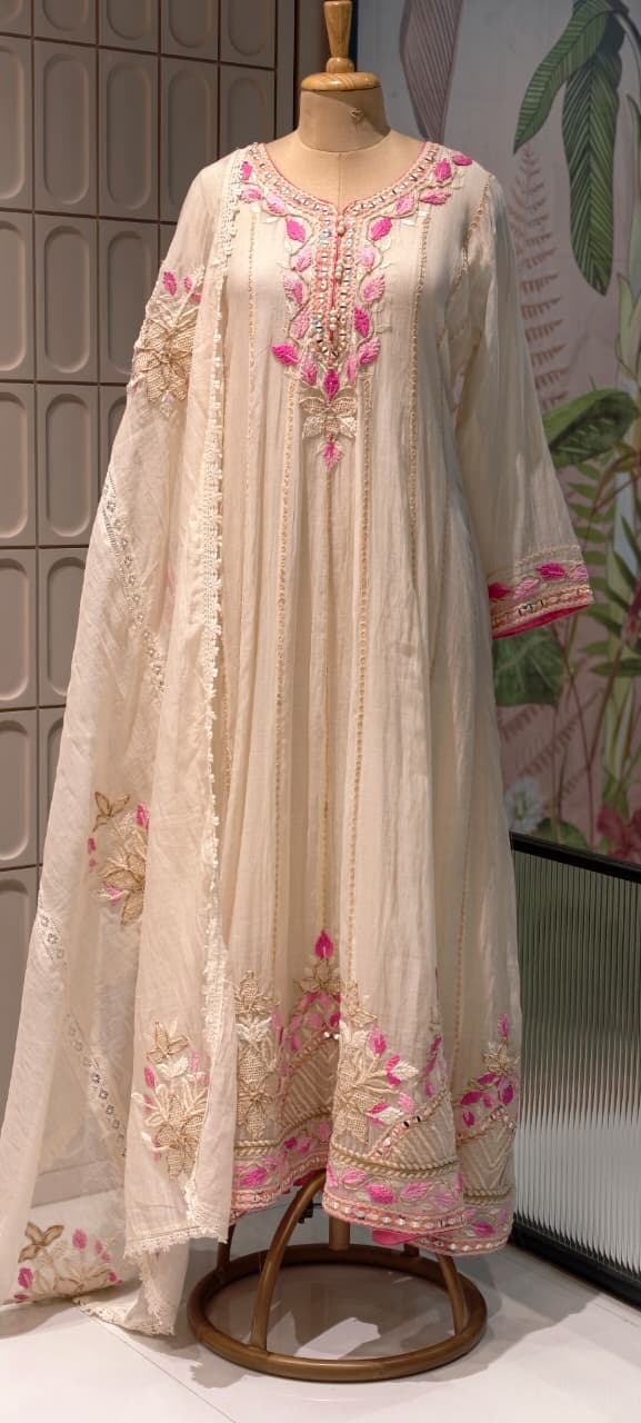 Fuchsia Blossom Ivory-Beige Festive Panel Anarkali Full Suit Set with Mirror Work & Lace Dupatta- 14400