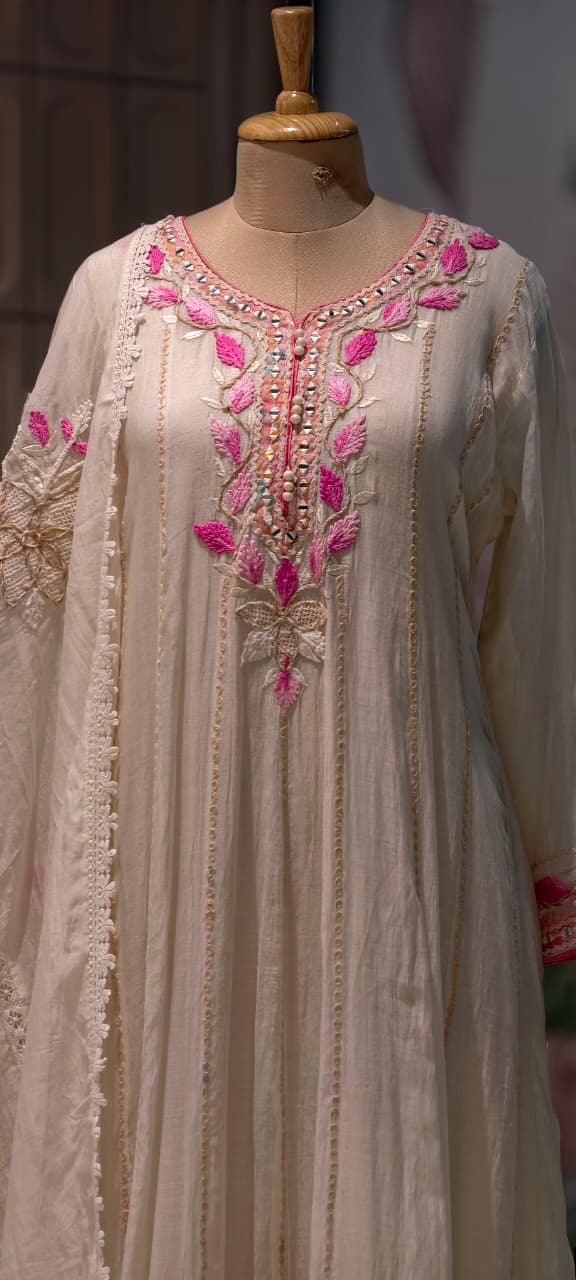 Fuchsia Blossom Ivory-Beige Festive Panel Anarkali Full Suit Set with Mirror Work & Lace Dupatta- 14400