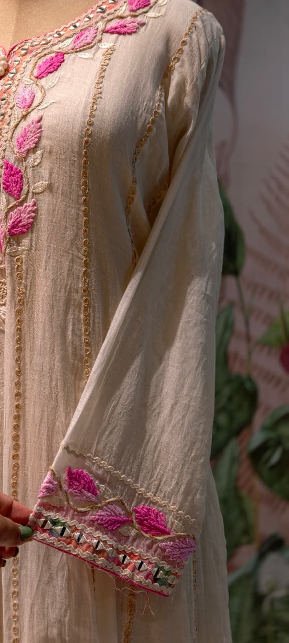 Fuchsia Blossom Ivory-Beige Festive Panel Anarkali Full Suit Set with Mirror Work & Lace Dupatta- 14400