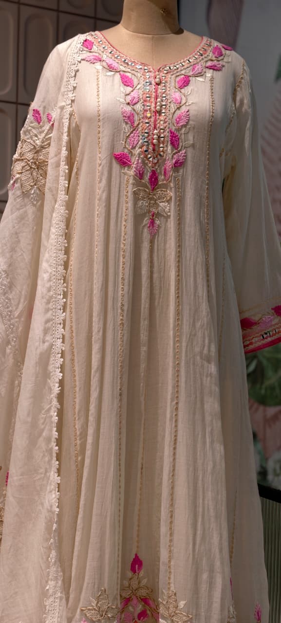 Fuchsia Blossom Ivory-Beige Festive Panel Anarkali Full Suit Set with Mirror Work & Lace Dupatta- 14400