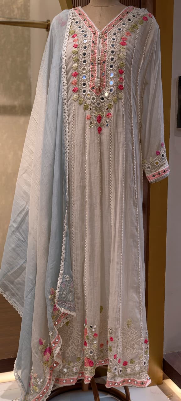 Meera Ivory Pastel-Embroidered Festive Wear Panel Anarkali Full Suit Set with Powder Blue Lace Dupatta- 14399