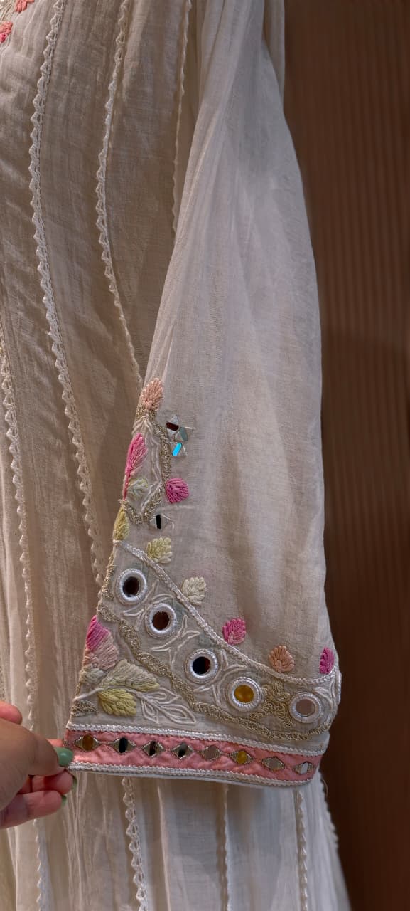 Meera Ivory Pastel-Embroidered Festive Wear Panel Anarkali Full Suit Set with Powder Blue Lace Dupatta- 14399