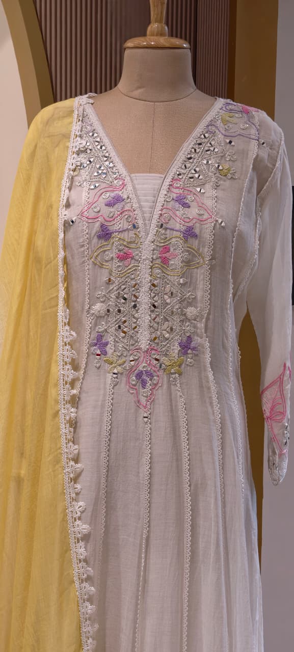 Gulnar Ivory Premium Lace Trimmed Panel Anarkali Full Suit Set with Sun-Kissed Yellow Dupatta- 14401