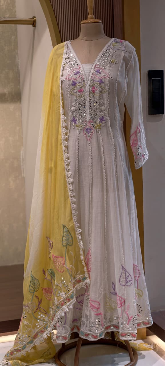 Gulnar Ivory Premium Lace Trimmed Panel Anarkali Full Suit Set with Sun-Kissed Yellow Dupatta- 14401
