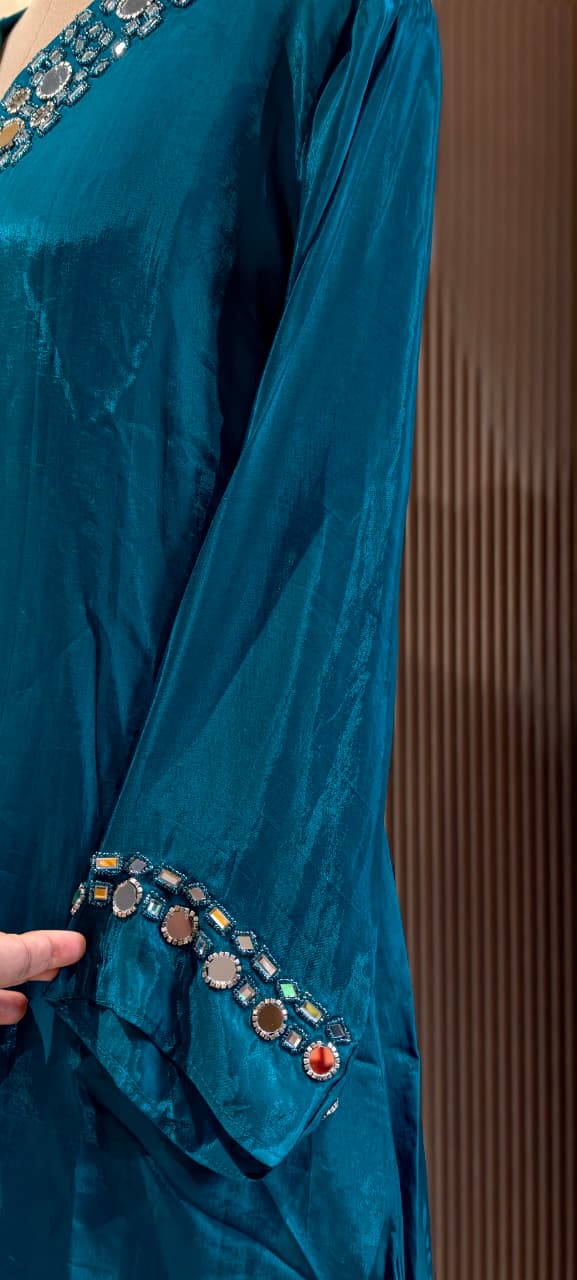 Premium Crepe Real Mirror Motifs Flowy Short Length Kurta With Palazzo Bottom & Dupatta- 13969