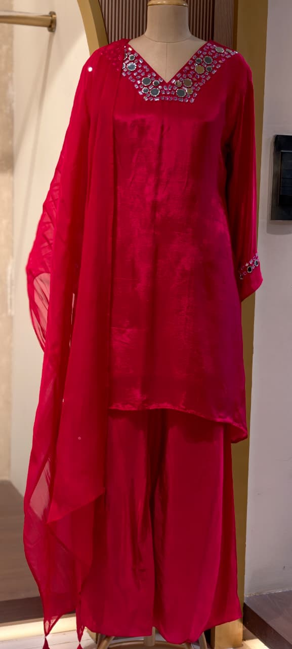 Premium Crepe Real Mirror Motifs Flowy Short Length Kurta With Palazzo Bottom & Dupatta- 13969