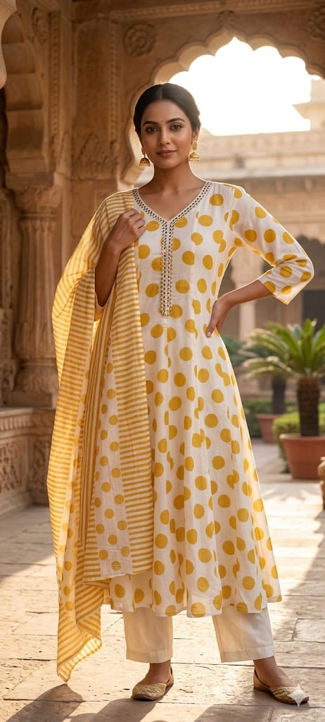 Giant Polka Dotted Panel Anarkali Full Suit Set With Dupatta In Mul Cotton Fabric