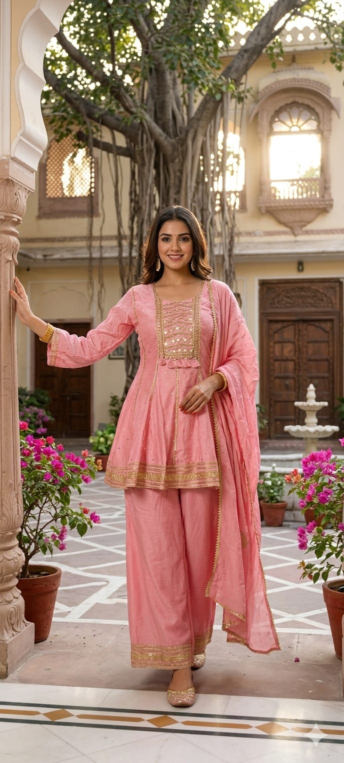 Mul Chanderi Zardosi Gota Patti Embroidered Chanderi Peplum Short Kurta with Palazzo Pant & Dupatta Set- 14282