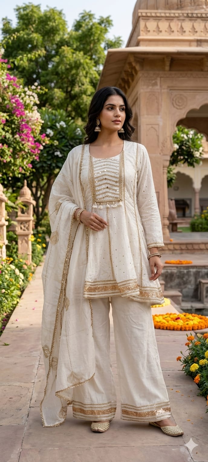 Mul Chanderi Zardosi Gota Patti Embroidered Chanderi Peplum Short Kurta with Palazzo Pant & Dupatta Set- 14282