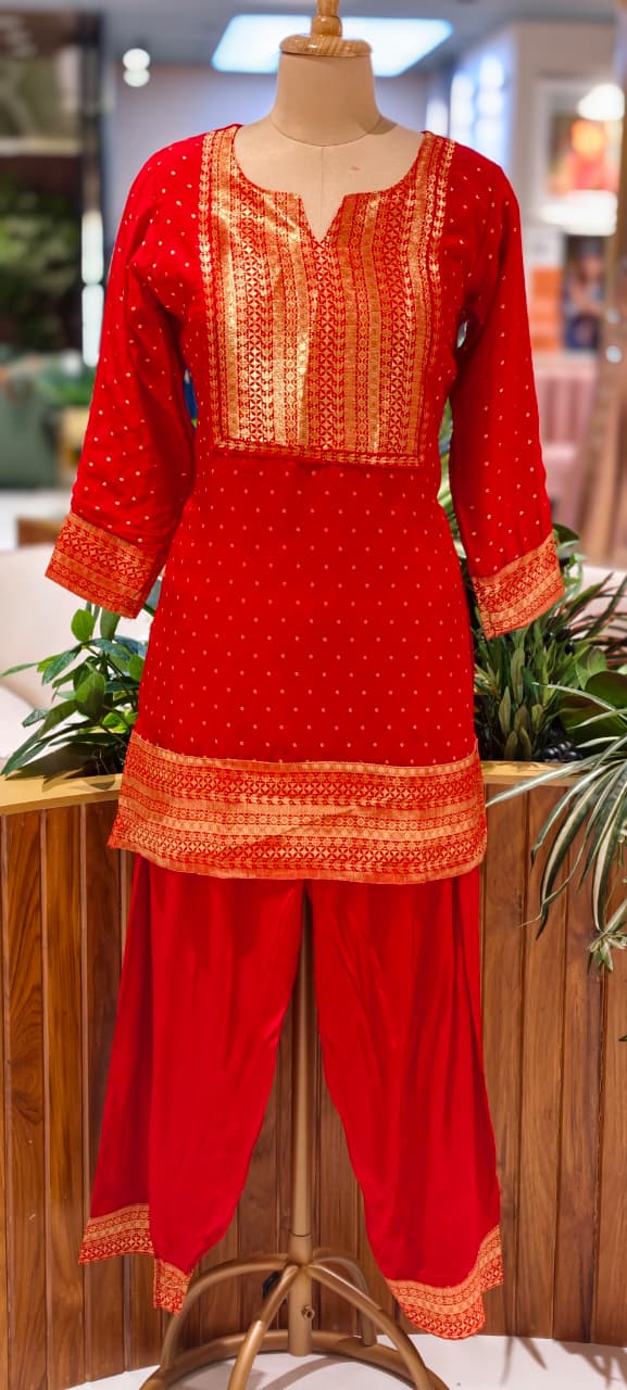 Banarasi Touch Pure Georgette Co-Ord Set With Farsi & Palazzo Bottom