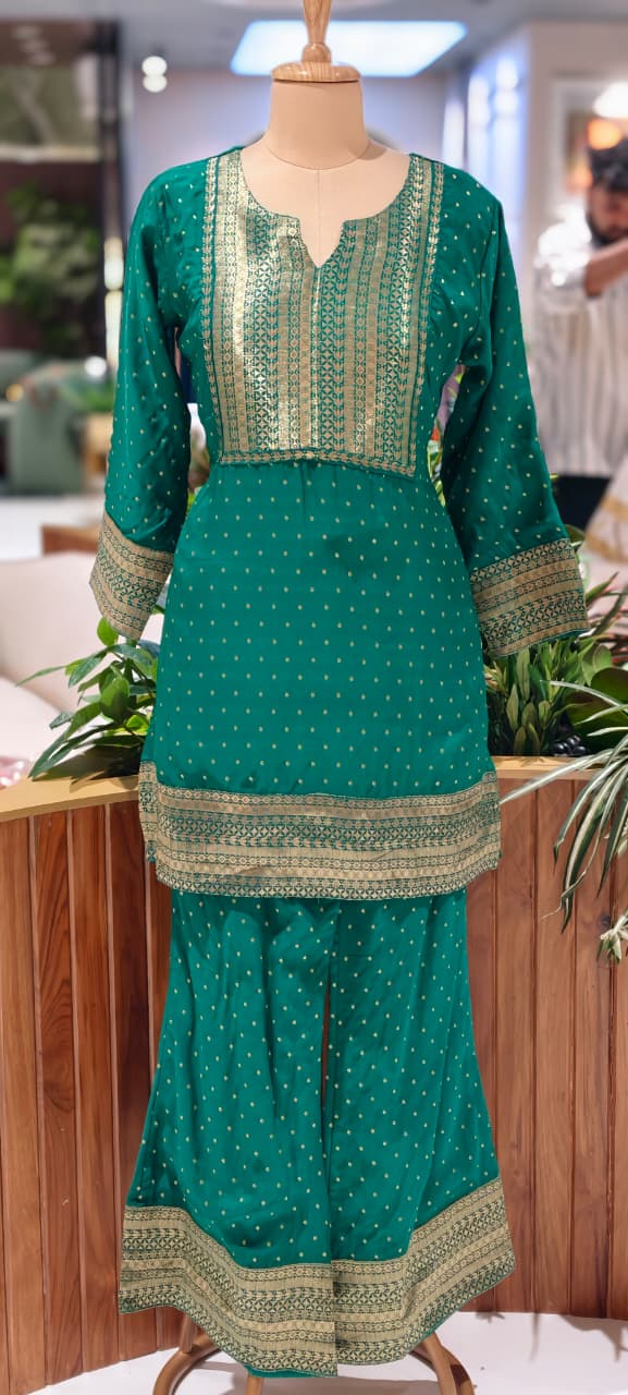 Banarasi Touch Pure Georgette Co-Ord Set With Farsi & Palazzo Bottom