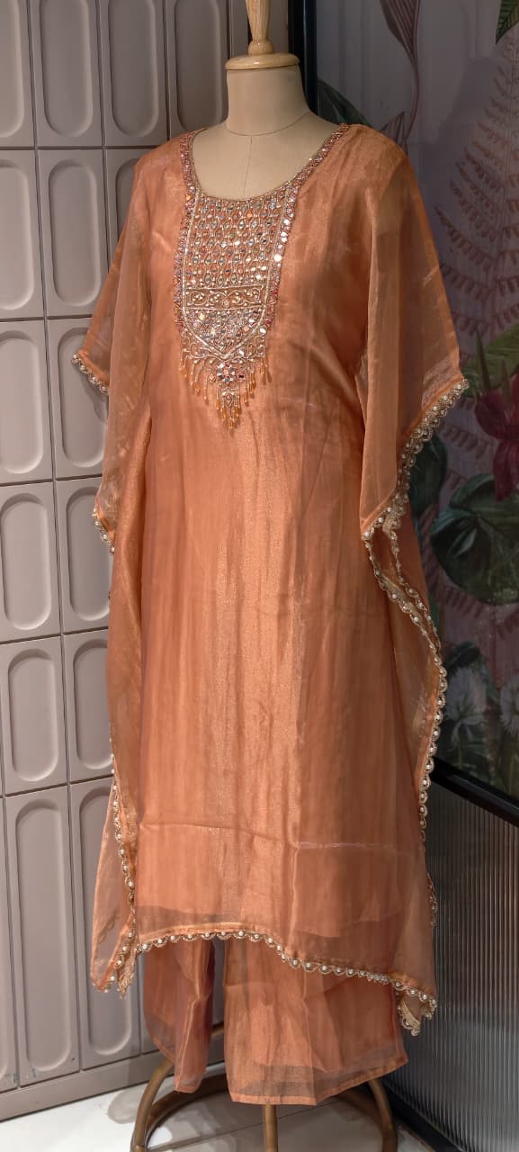 Ethereal Radiant Grace Peach Shimmer Tissue Mirror-Work Kaftan With Bottom- 14934