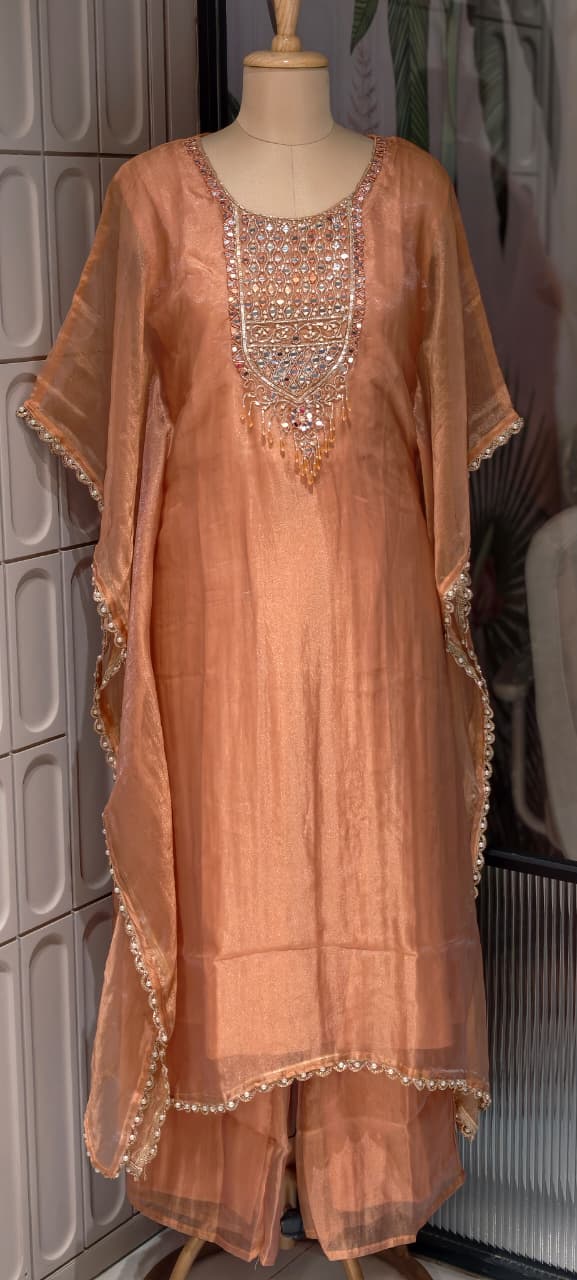 Ethereal Radiant Grace Peach Shimmer Tissue Mirror-Work Kaftan With Bottom- 14934