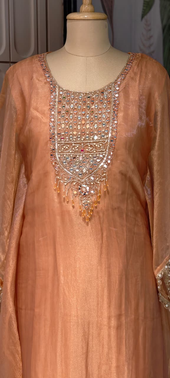 Ethereal Radiant Grace Peach Shimmer Tissue Mirror-Work Kaftan With Bottom- 14934