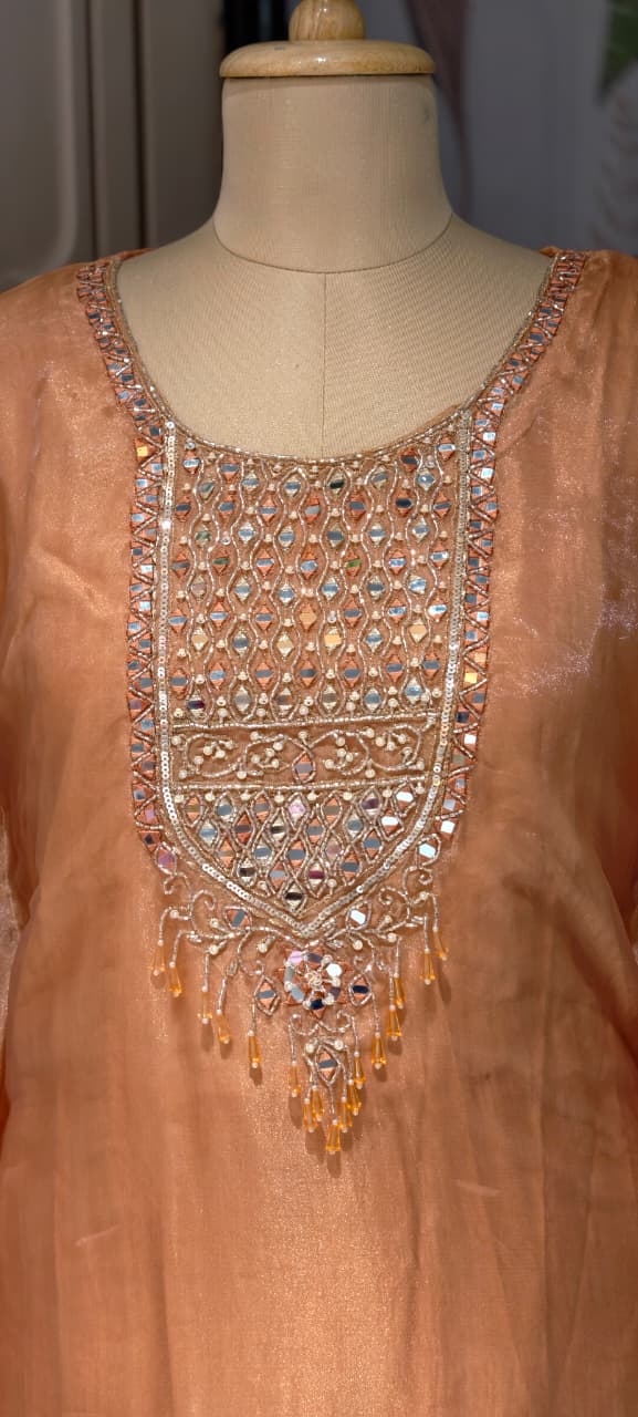 Ethereal Radiant Grace Peach Shimmer Tissue Mirror-Work Kaftan With Bottom- 14934