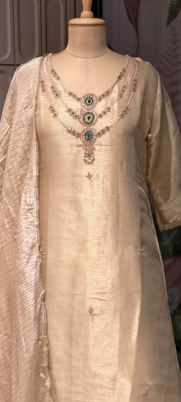 Elegant Classic Shiny Jewel Look Hand-Embellished Neckline Tissue A-Line Full Suit Set With Dupatta- 14935