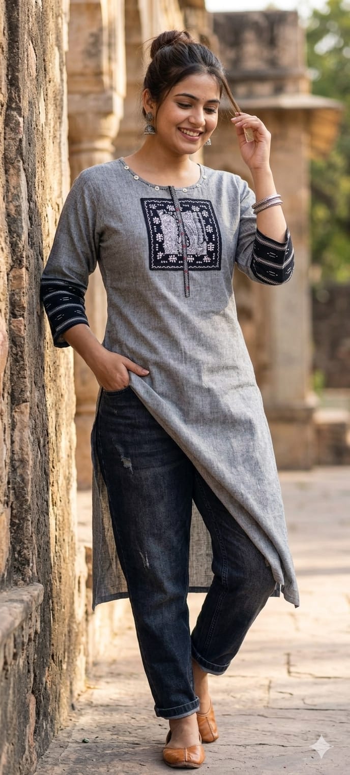 Gardenia Look Long Kurti Only In Cotton Fabric-
