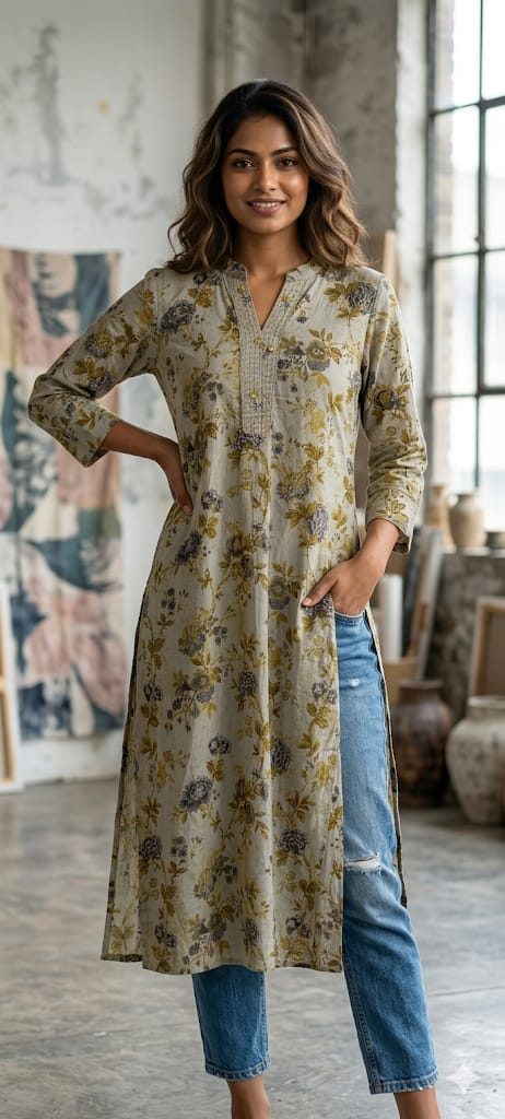 Solid Kurta With Flower Print Only Kurti -