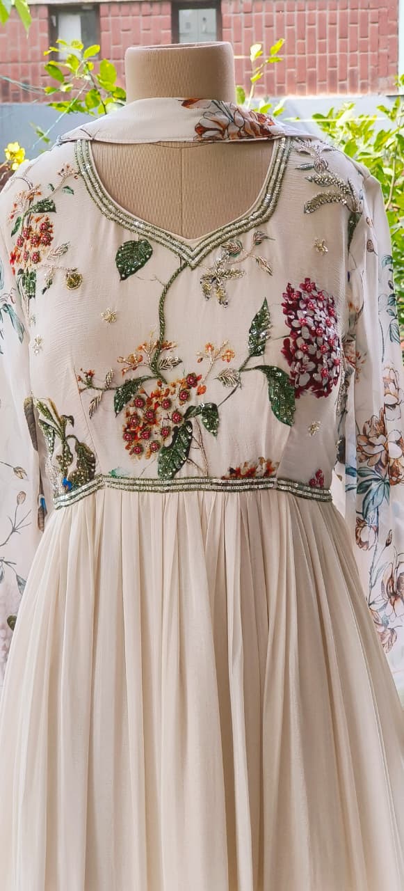 Digital Floral Print With Cut-Dana Highlights Chinon Anarkali Gown With Chowker Dupatta- 12108