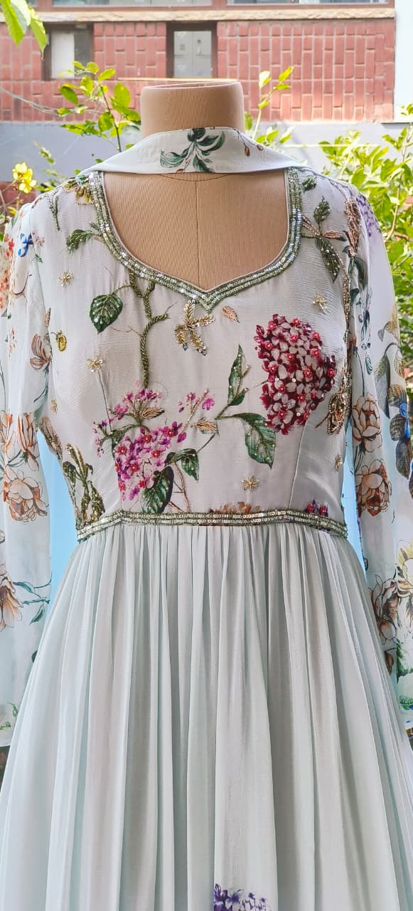 Digital Floral Print With Cut-Dana Highlights Chinon Anarkali Gown With Chowker Dupatta- 12108