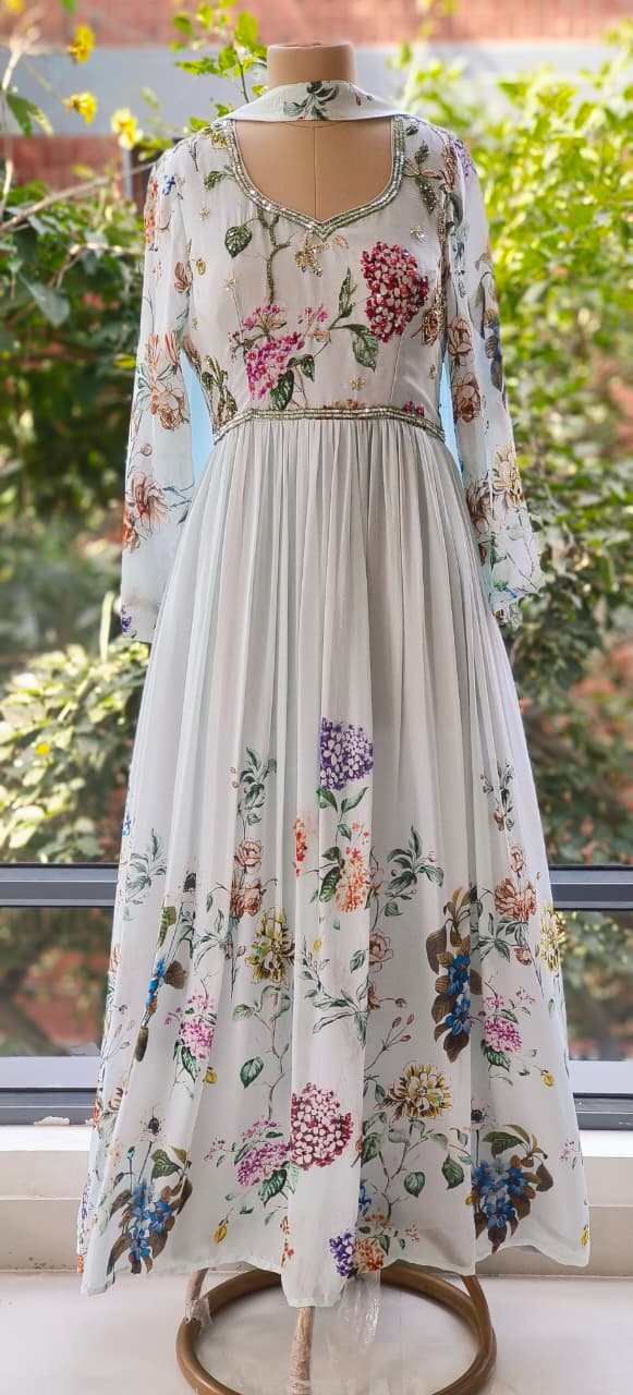 Digital Floral Print With Cut-Dana Highlights Chinon Anarkali Gown With Chowker Dupatta- 12108