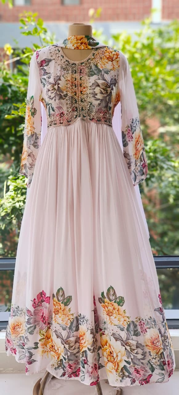 Digital Floral Print With Cut-Dana Highlights Chinon Anarkali Gown With Chowker Dupatta- 12108