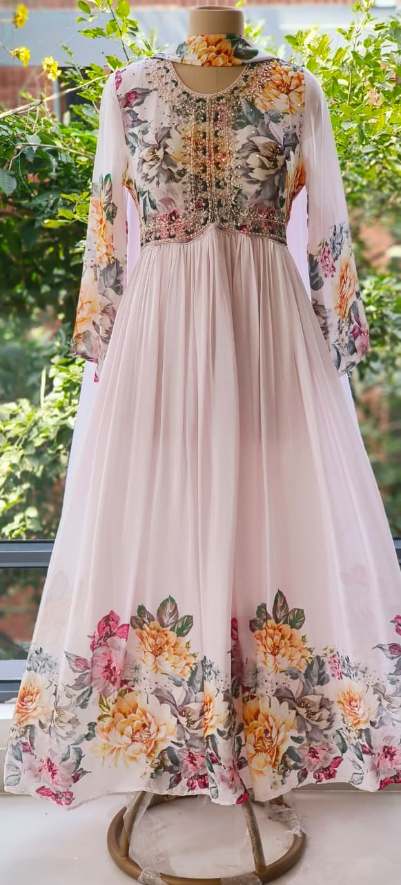 Digital Floral Print With Cut-Dana Highlights Chinon Anarkali Gown With Chowker Dupatta- 12108