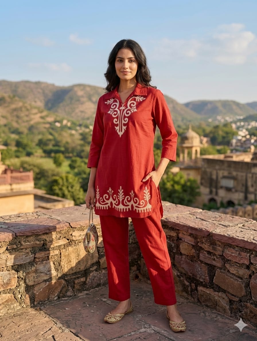 Smart Minimal Print Solid Casual Wear Cotton Co-Ord Set- 14964