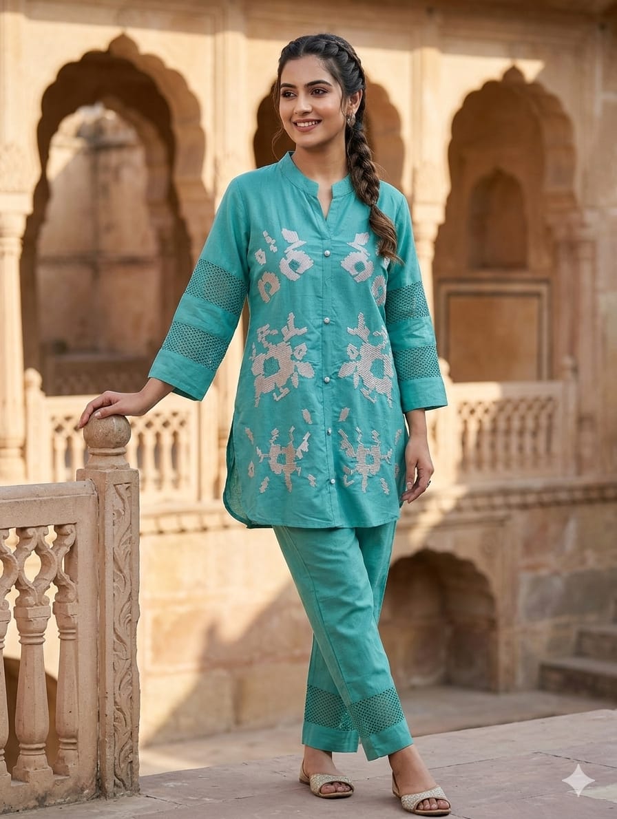 Abstract Floral Scattered Embroidery Jaal Sleeve Work Cotton Co-Ord Set- 14961