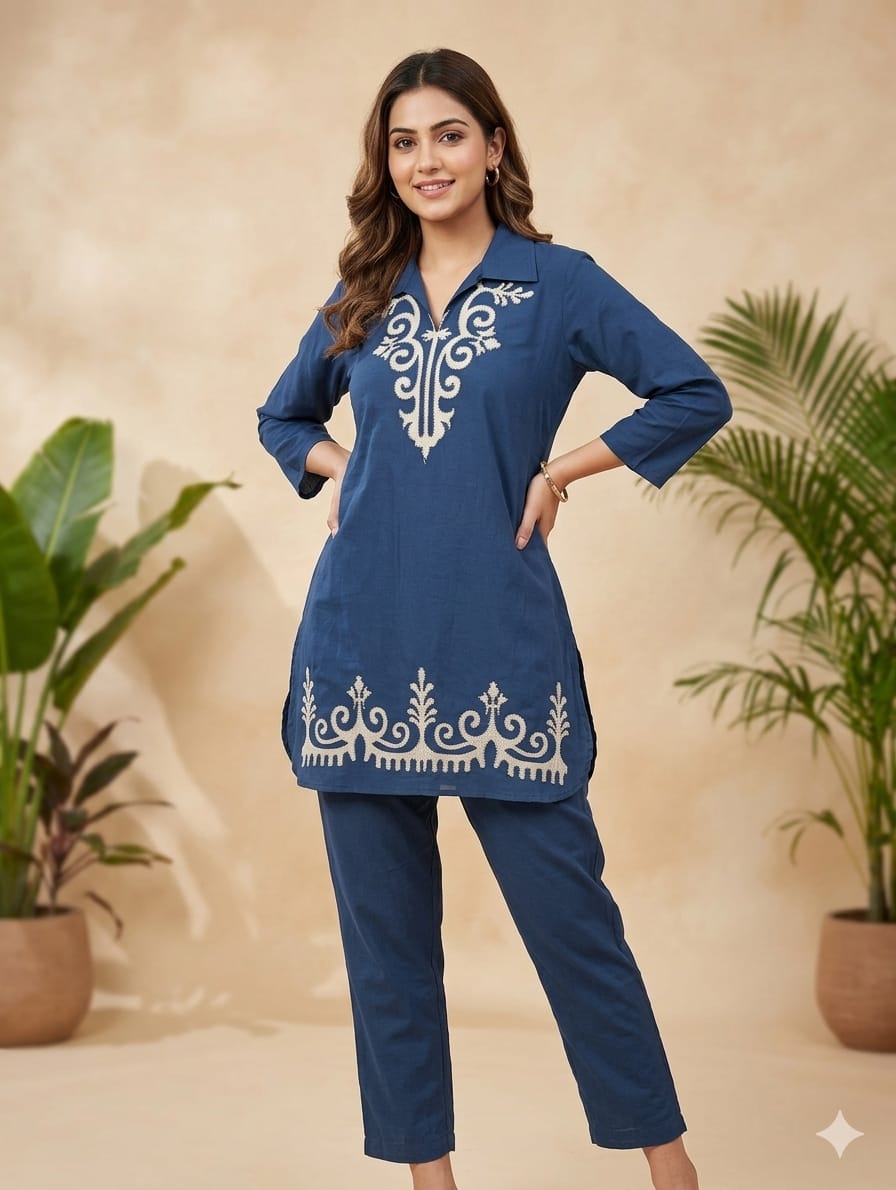 Smart Minimal Print Solid Casual Wear Cotton Co-Ord Set- 14964