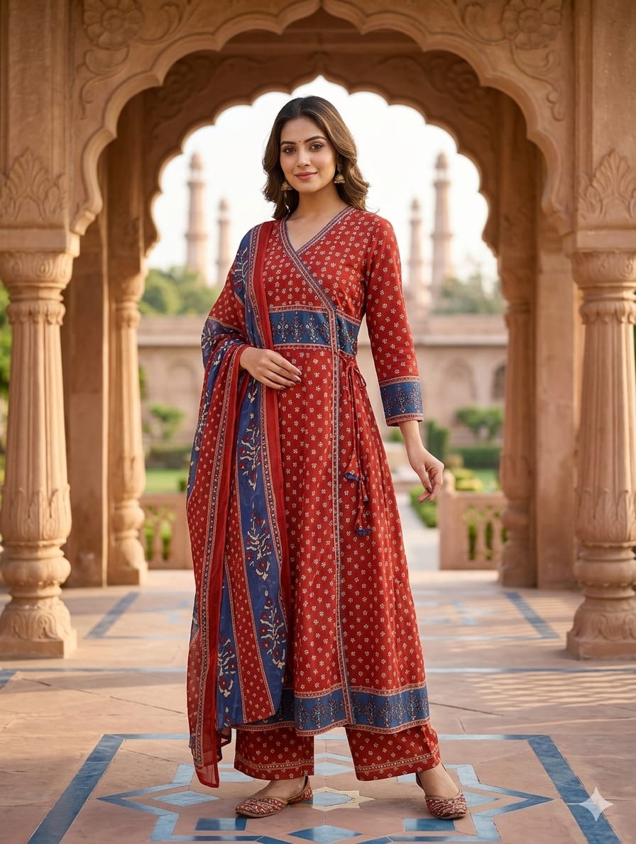 Traditional Printed Angrakha Anarkali Cotton Full Suit Set with Coordinating Dupatta- 14975