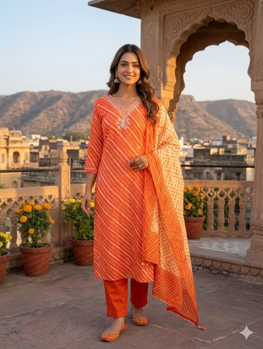 Elegant Lehariya Cotton V-Neck Embroidered Straight Kurta with Bottom and Dupatta- 14976