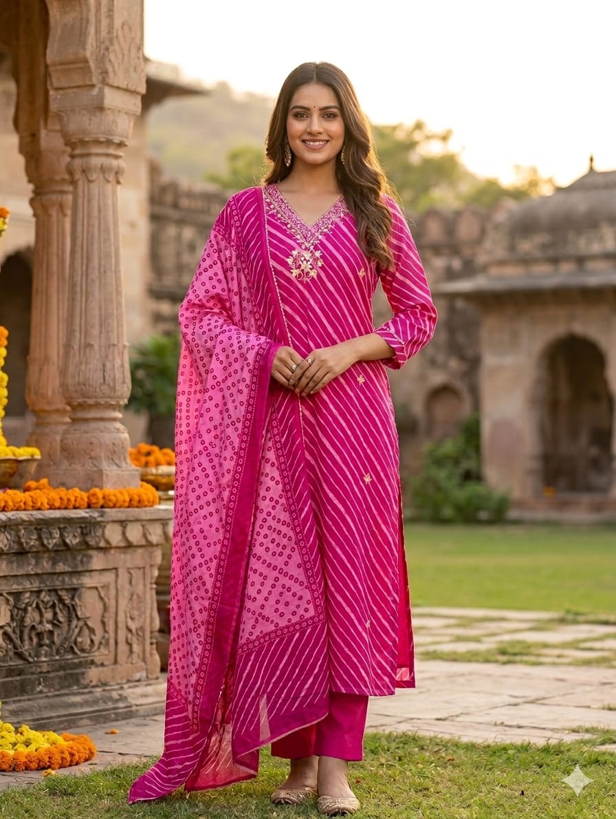 Elegant Lehariya Cotton V-Neck Embroidered Straight Kurta with Bottom and Dupatta- 14976