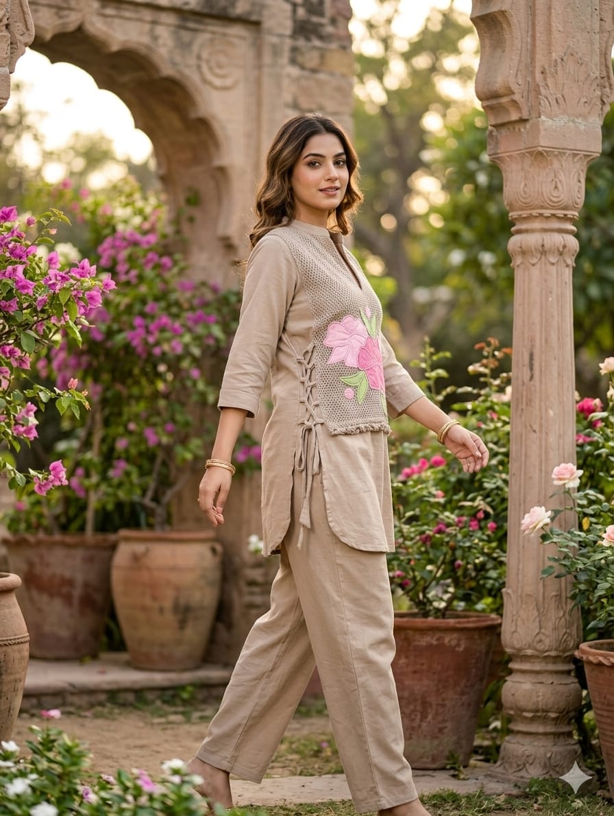 Floral Applique Co-ords Set with Jute Cotton Textured Overlay- 14962