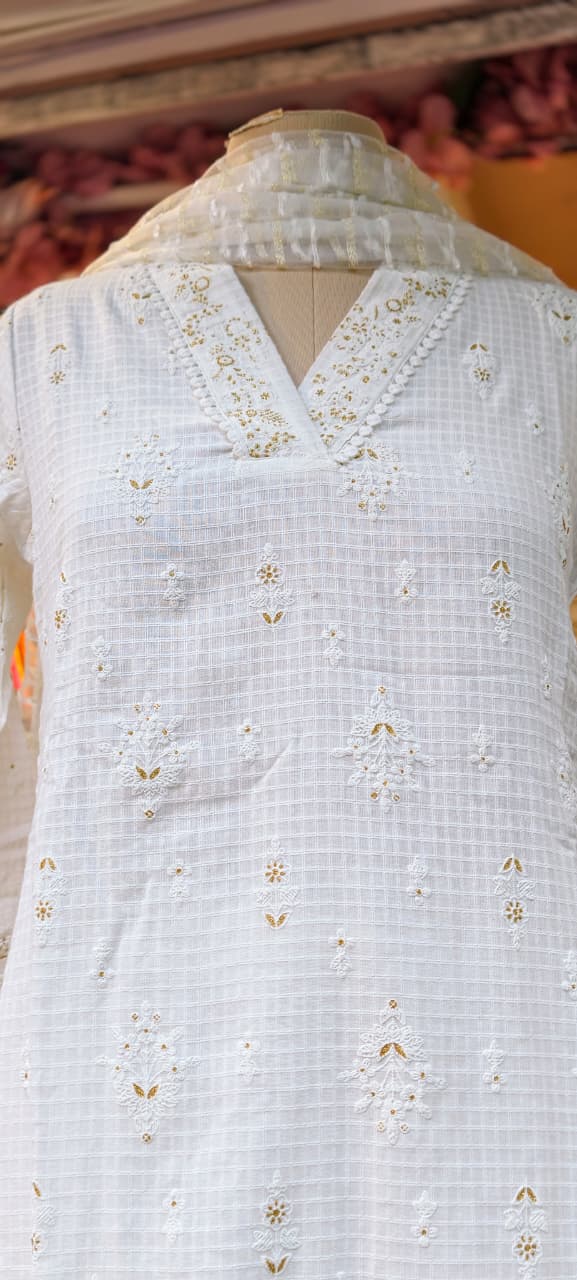 Pure White Tiny Golden Intricate Embroidery Cotton Full Suit Set With Dupatta
