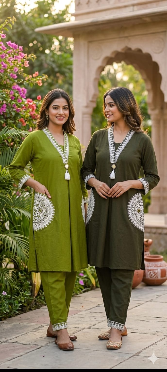 Chevron Half Rounded Embroidered V-Neck Cotton Co-Ord Set- 14966
