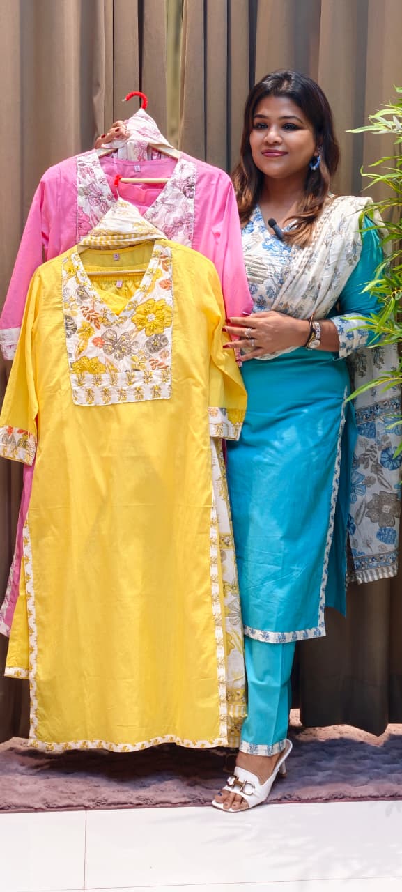Fine Floral With Sequin Touch Yoke Beautiful Cotton Full Suit Set With Dupatta