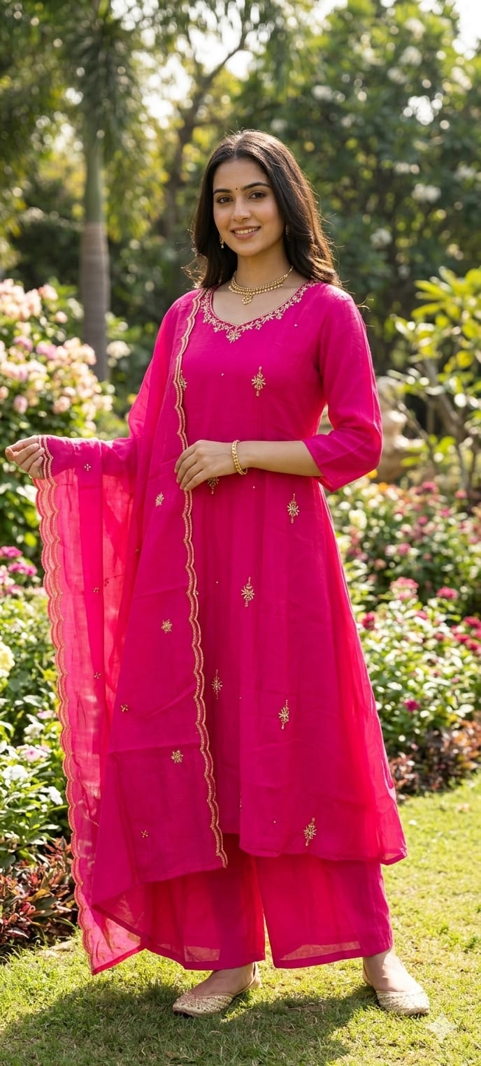 Surat Mul Chanderi Festive A-Line Full Suit Set with Delicate Zari Booti & Embroidered Borders- 14943