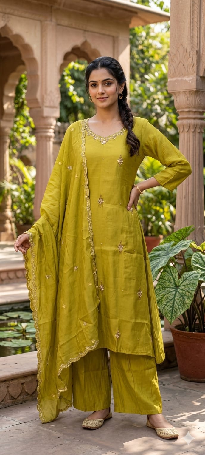 Surat Mul Chanderi Festive A-Line Full Suit Set with Delicate Zari Booti & Embroidered Borders- 14943