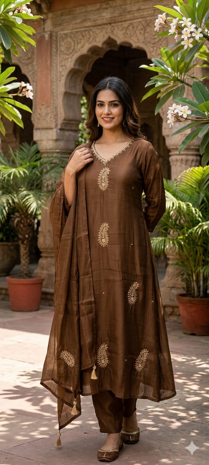 Earthy Dark Shade Zari Embroidery Surat Mul-Chanderi A-Line Full Suit Set With Dupatta- 14937