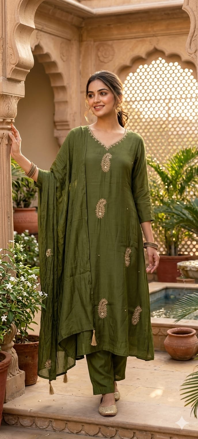 Earthy Dark Shade Zari Embroidery Surat Mul-Chanderi A-Line Full Suit Set With Dupatta- 14937