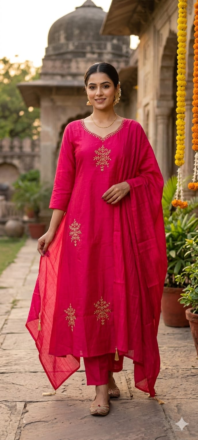 Surat Mul-Chanderi A-Line Full Suit Set with Tree-of-Life Zari Embroidery & Dupatta- 14941