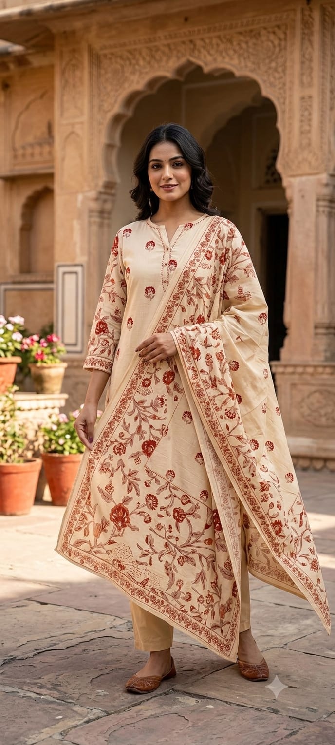 Sophisticated Cream Floral Block Print Cotton Full Suit Set with Matching Dupatta- 14967