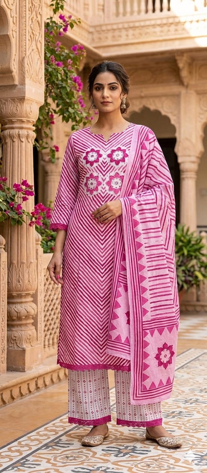 Floral Yoke With Leheriya Print Cotton Full Suit Set With Dupatta- 14999