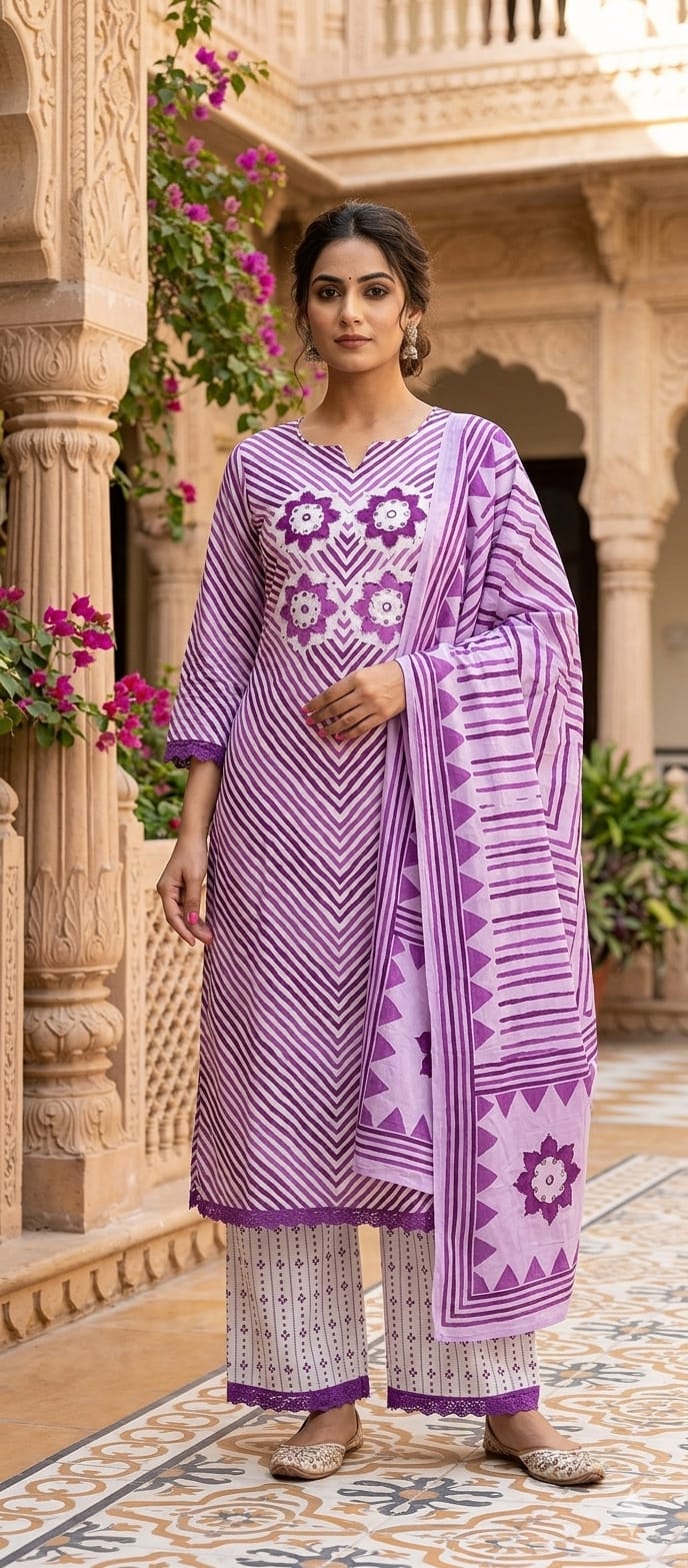 Floral Yoke With Leheriya Print Cotton Full Suit Set With Dupatta- 14999