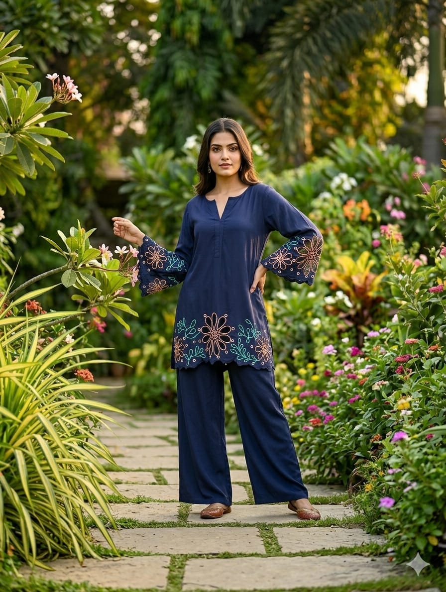 Premium Imported Fabric Floral Hem Cut-Work Embroidery Co-Ord Set-14970