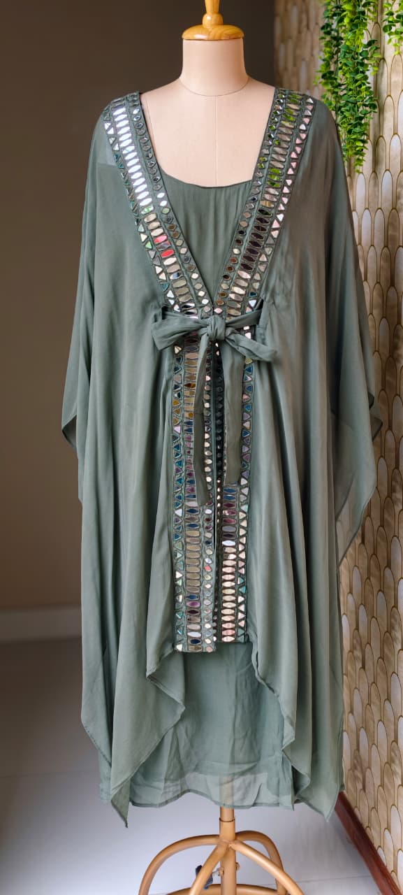 Kaftan Look Real Mirror Elegance Knotted Outer & Inner Gown Style Indo Wear- 15010